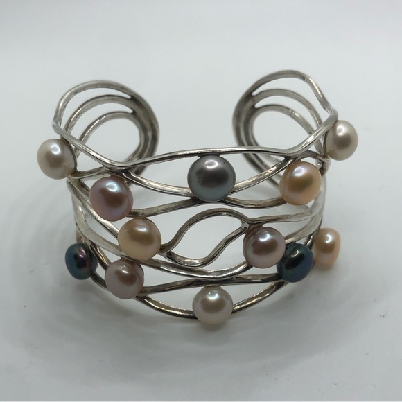 STERLING Silver & Pearl Multi Colour Pearls wide Cuff Bracelet 7” / 44g - Picture 5 of 12